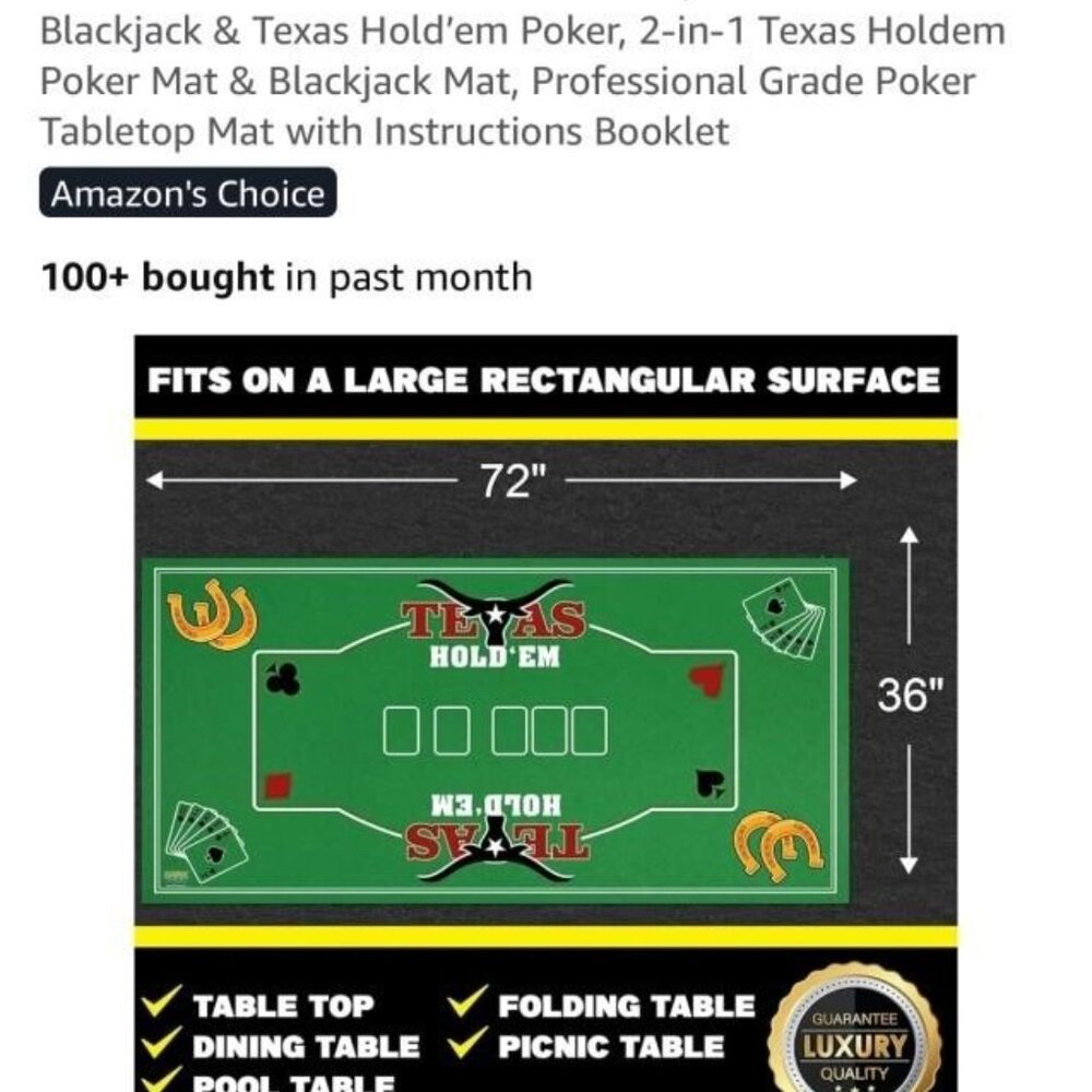 Double Sided Felt Casino Mat 36”x72” Blackjack Texas Hold’em Poker Professional - Picture 2 of 3